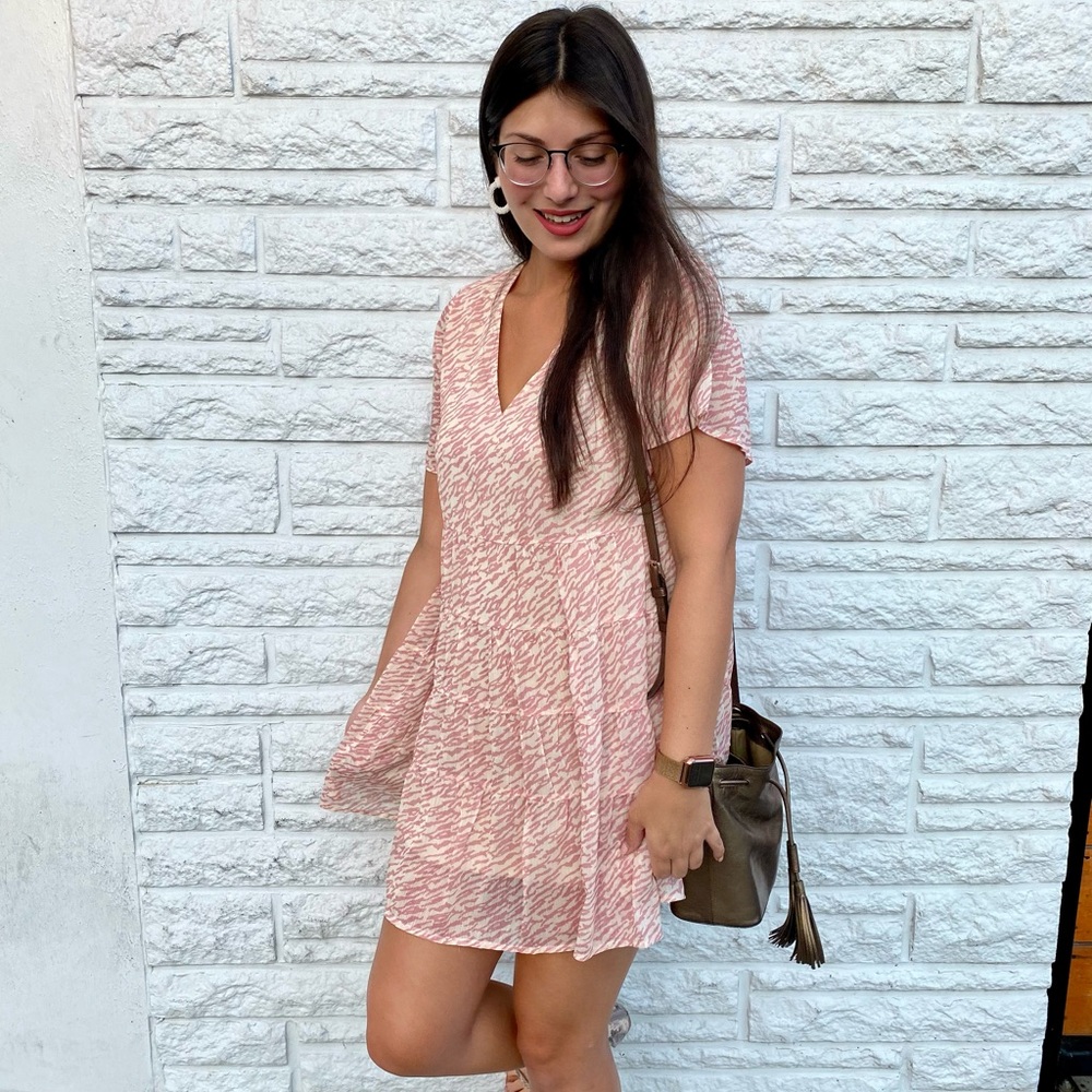 Pink and White V-Neck Dress